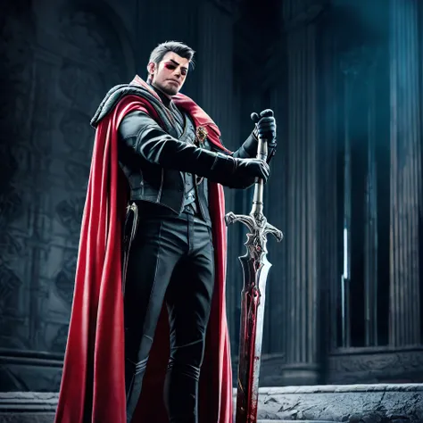 a gentleman with a large sword with blood effects on the sword and a red cape and a black suit