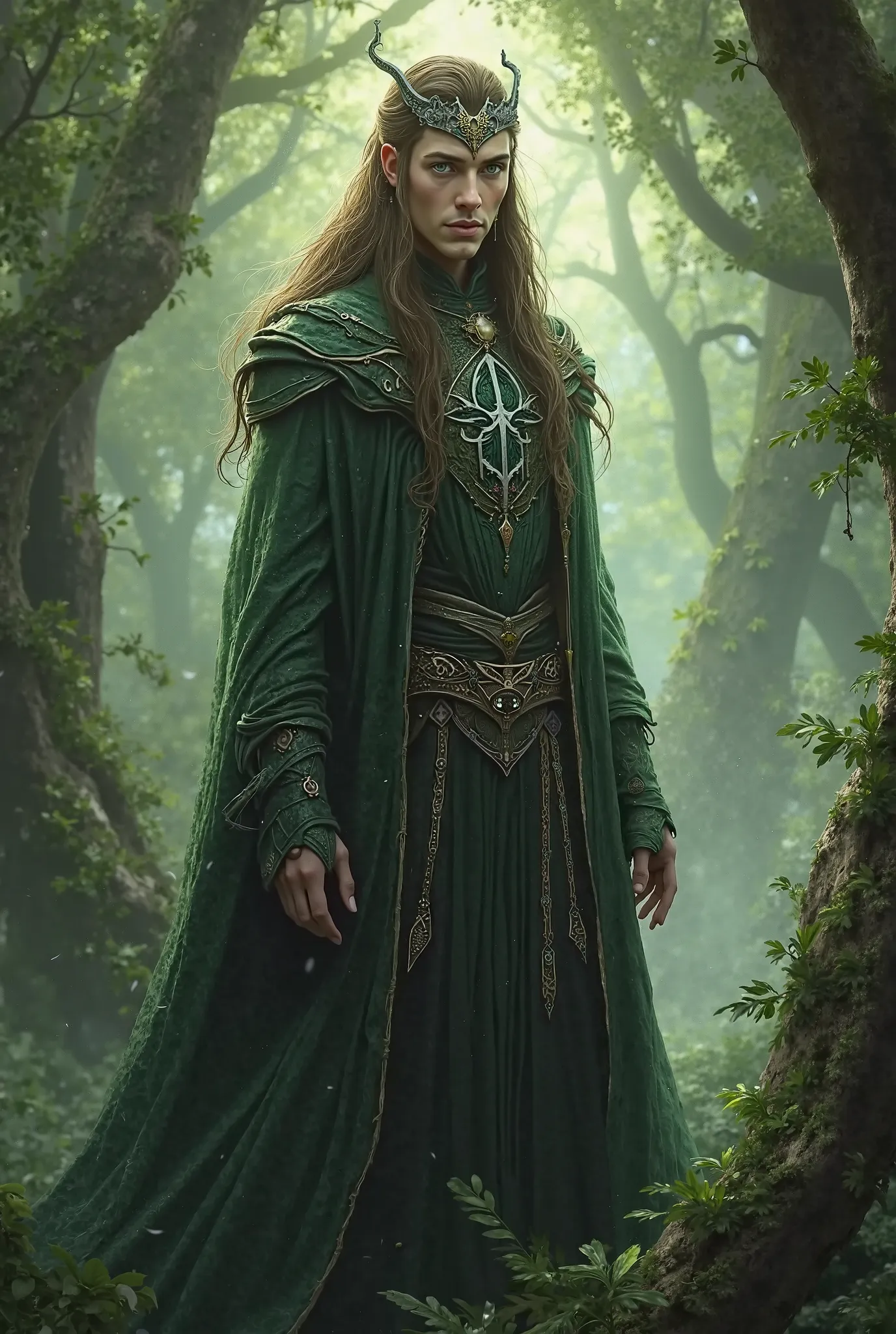 A warrior with green eyes, brown hair and a long and slim body. He wears long black clothes and a silver crown around his forehead. He is an elf