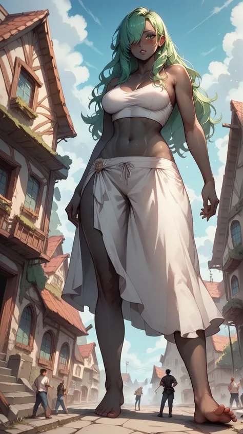 Belly free, 2 giant women, giantess in the city, tall, long hair, good quality, giantess skyscraper, green hair, green eyes, make her bigger, barefoot, blush, standing, belly free, looking down, Her body is glowing, black skin, her body starts to grow agai...