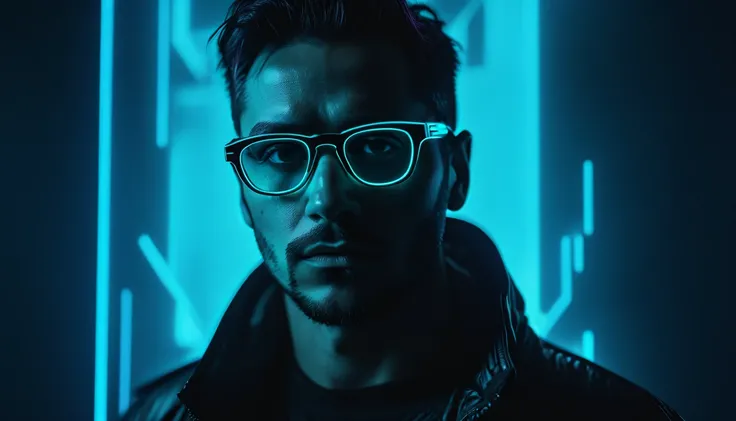 Man’s face lit by smartphone screen in pitch-black room, blue light reflecting in glasses showing gaunt figure behind him, neon cyan and magenta accents, cyberpunk-noir aesthetic, CRT scanlines overlay, ultra-high contrast, style by Blade Runner 2049