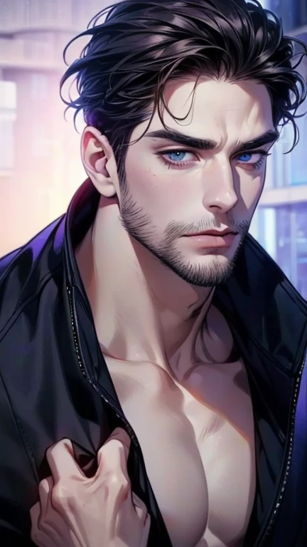 (  idiot,4K,8k,   highres,  masterpiece:1.2),   ultra-detailed,(Realistic,photoRealistic,photo-Realistic:1.37),36-year-old man,3 day beard,cute anime ,Portraits,strong,masculine,   dark hair,sharp jaw,      mesmerizing eyes      ,   perfectly combed hair, ...