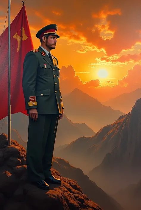 Communist mural of a portrait of a dictator watching a sunrise,  Realistic portrait,  oil on canvas , dictator standing proud, Severe face,authoritarian expression , military uniform, communist flags and symbols, Golden sky sunrise, dramatic clouds, warm n...