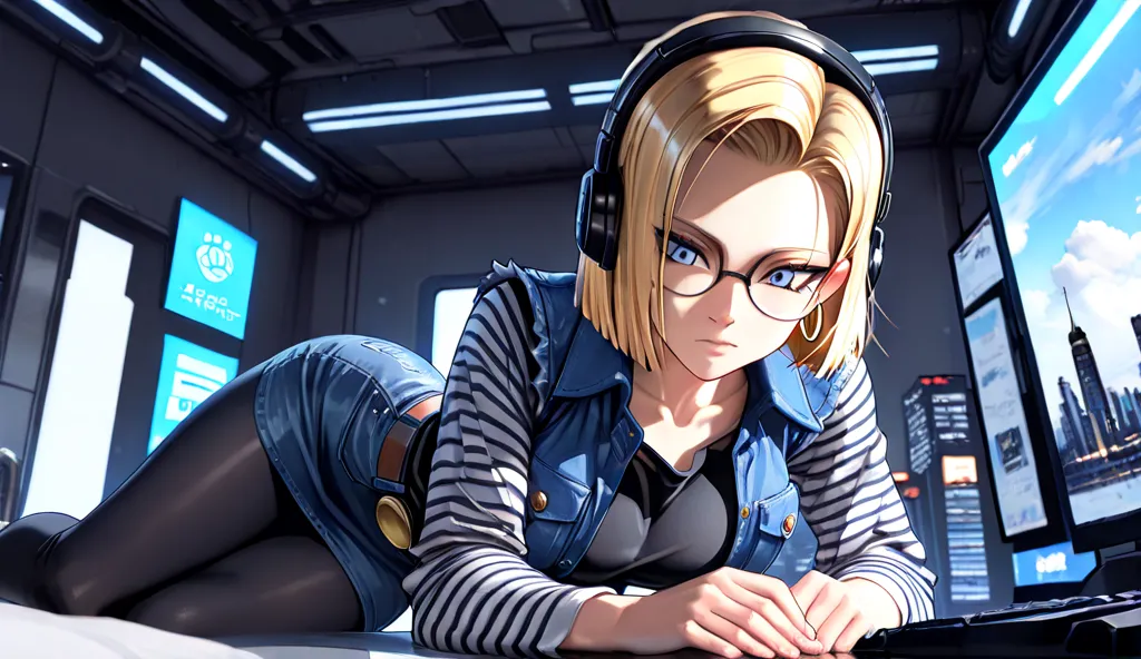 Android18, Artificial Human Room No. 18, Blonde, blue eyes, eyelash, Hoop earrings, short hair, Earrings,
broken belt, black leggings, black shirt, chest pocket, hairpin, collarbone, denim, denim skirt, high waist skirt, jewelry, long sleeve, pocket, shirt...