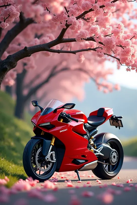 A red Ducati under a cherry blossom tree