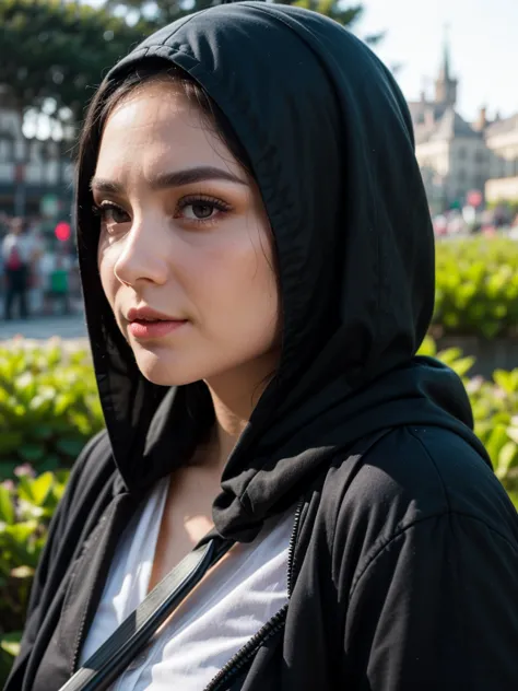 a woman wearing a hijab around her head, weapon, hood, black eyes, cloak, rifle, hood up