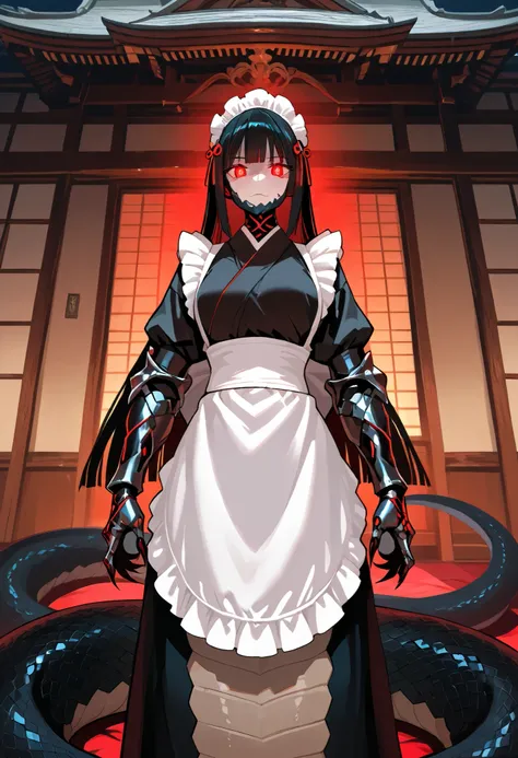 Lamia-style girl. Black snake body. Black straight hair. Japanese maid outfit. Armored hand.. Spiky. Red glowing lines. Sharp claws. Glowing eyes. Cat pupils. Japanese-style architecture.