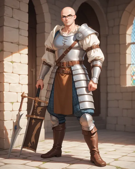  a big, muscular man , With a small head, bald,  small face , wearing glasses, full body, simple medieval clothing