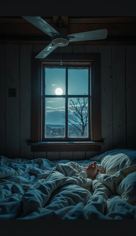 First-person perspective, you lie in bed under a thin, slightly worn-out sheet, your small feet barely sticking out. The wooden window to your right is slightly open, its simple frame weathered by time. A soft breeze drifts in, carrying the earthy scent of...