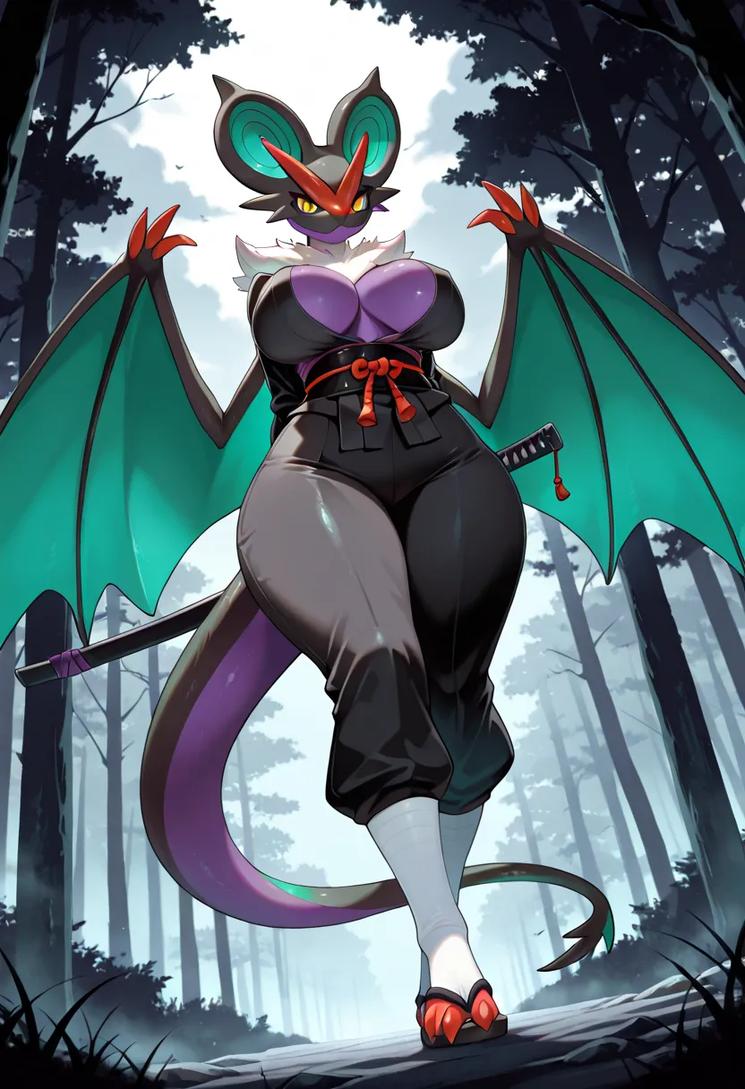 1girls:1.2, uploaded on e621, female, solo, anthro, fur, feral, mammal, scalie, pokemon, noivern, yellow-eyes, two tone body, multicolored body, black and purple body, big large breasts, hidden breasts, black clothes, black Shinobi shozoku with long sleeve...