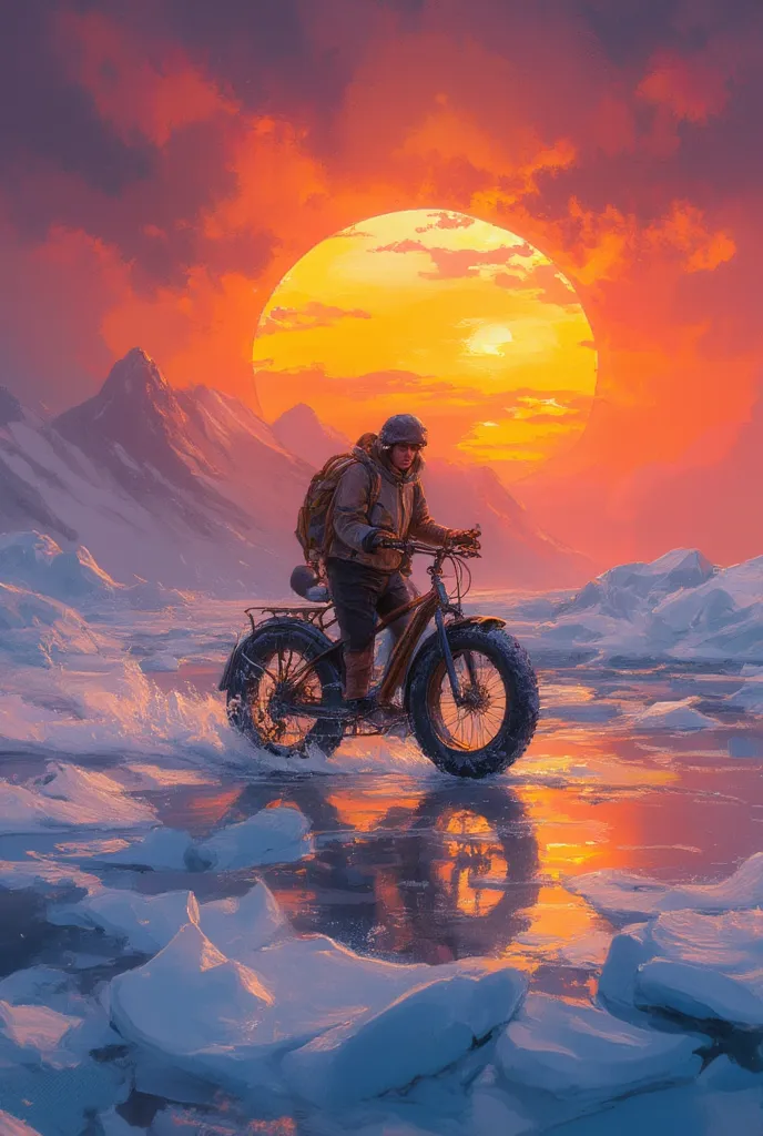 biking on the frozen sea, Voyager en solo, Huge orange sunset, 