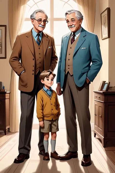 create an image of the grandfather on the left, father in the center and son on the left in the drawing style 