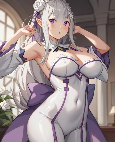  Emilia( Re:Zero)、solo、solo、 long hair、looking at the camera、blush、Big Breasts、Mouth closed、standing、Purple Eyes、Gray Hair、Gray Hair、 hair bow、cowboy shot、pointy ears、indoors、Flowers in hair、 covered navel 、White Flower、×Hair accessories、Elf、Skin-tight、shi...