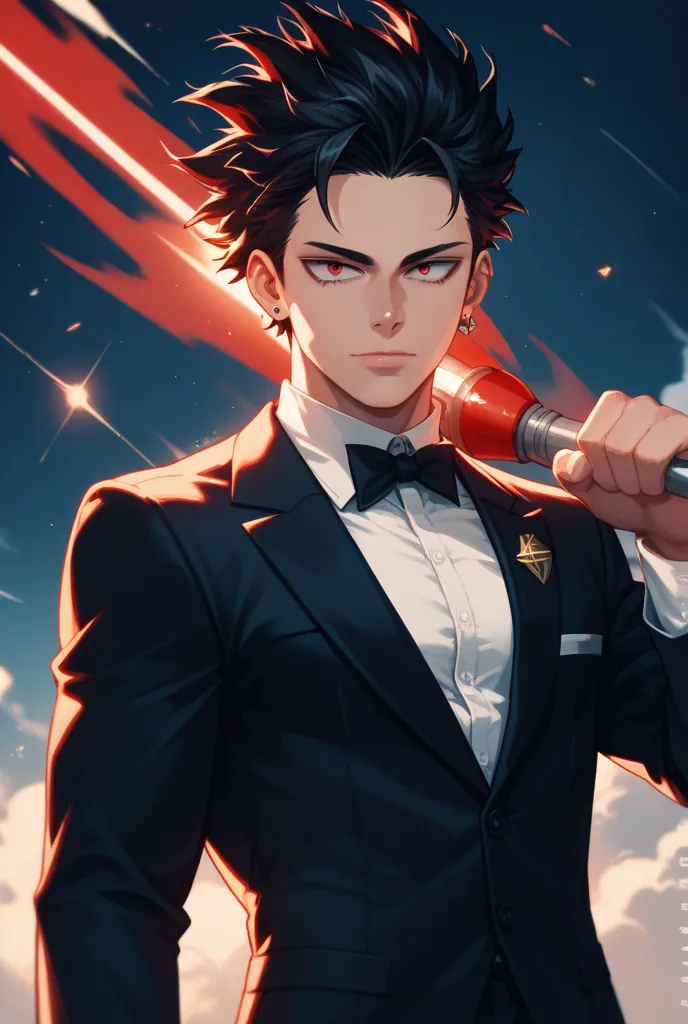  Boy with black hair,  Scarlet eyes , wearing a black suit with a white shirt, black earring on the right ear,  Boku style in Hero Academia