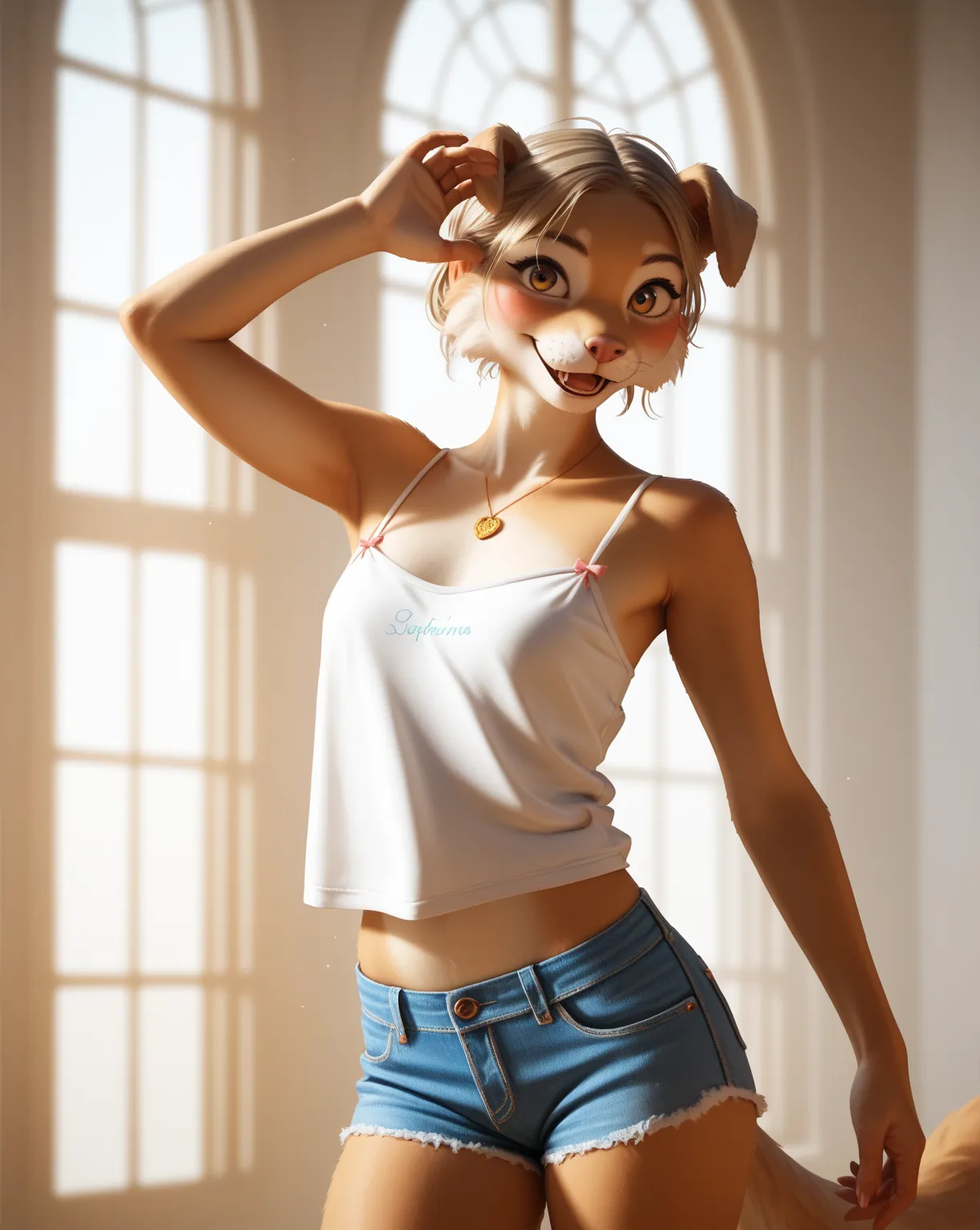 furry dog , petit girl , Worn out baggy camisole , hot pants , ribbon hair tie , tilt face , coquettish , euphoria , bold , bend over , (areola:0.7)