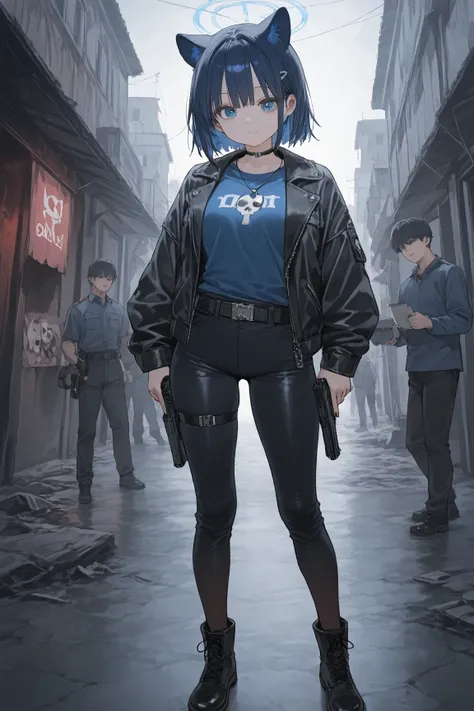 (Cubi: (short dark blue hair, blue kitten ears, pink interior kitten ears, woman, 1woman, one woman), (small breast)), (dark leather jacket, blue shirt, black pants, black military boots), hold a handgun,, BREAK, , ((destroyed city outdoor, dark ambience))...