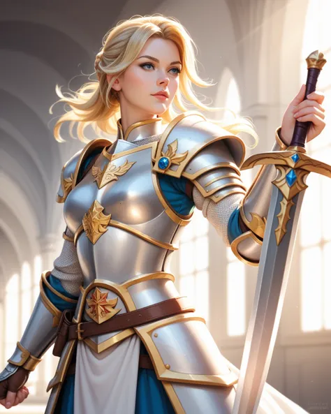 A paladin, blonde,  hair tied, white armor with gold details, A large sword