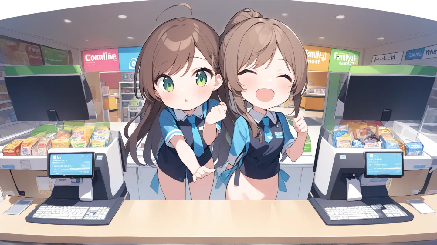 Girl working at convenience store、is facing the front、Combine FamilyMart uniforms with Lawson uniforms、Standing still、( female college student)、 no background、Sexy、hair brown、Light green eyes、Semi-long hairstyle、half up、A  with an energetic personality、The...