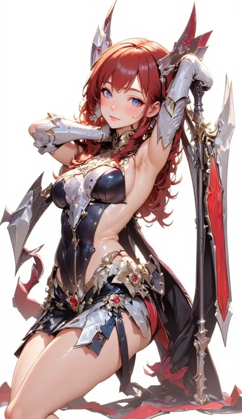 (Masterpiece:1.5,Top Quality:1.3,Amazing Quality:1.3), (Anime Character), ((nsfw)), Solo, Full Length, Chiara, 1 Girl, ((Sexy cute woman:1.5)), White Skin, Silver Gauntlets, Silver Boots, Western Armor, Shining Clothes, gleaming decorations, ((with big axe...