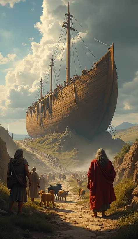 A background picture of the prophet Noah building the ark with a large frame in the middle to write a story and the ship is out of frame