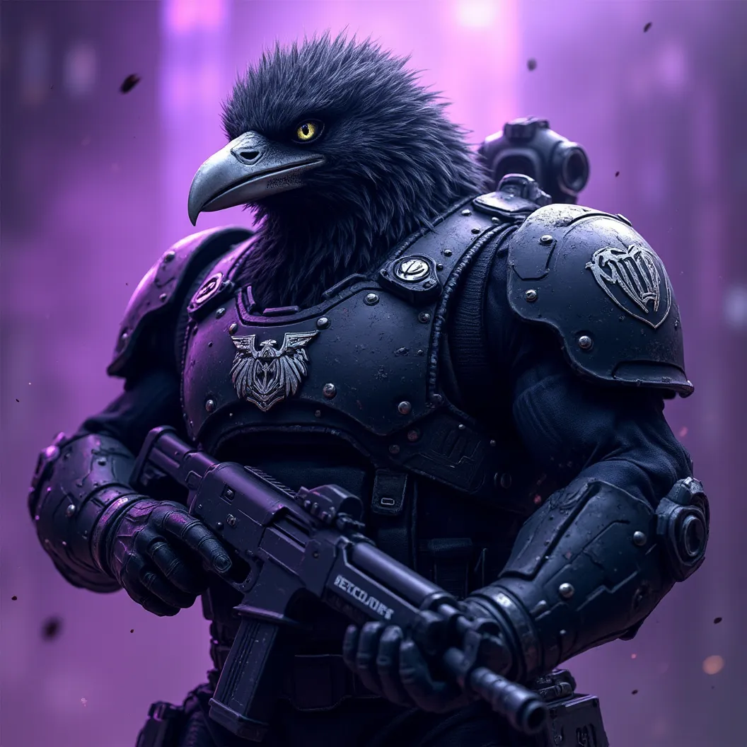 Special forces emblem. Include a mean looking, muscular spec ops Crow. Monstrous and intimidating. Include the name "MAB" on a special forces patch on uniform. Mean looking. Include the name "Crow" on armor. A sinister smug smirk on his face. Shining Silve...