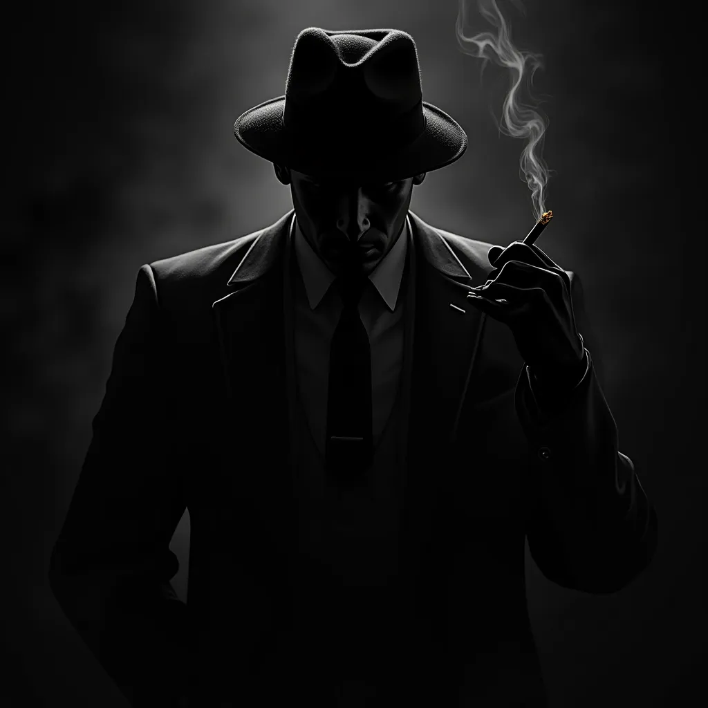 Create a black and white logo for the RPG "Omertà de Sangue," created by Henrique Rodrigues in 2025, featuring a shadowy, enigmatic mafia boss, his face obscured by darkness, exuding power and mystery, wearing a suit and a fedora or beret, with a lit cigar...