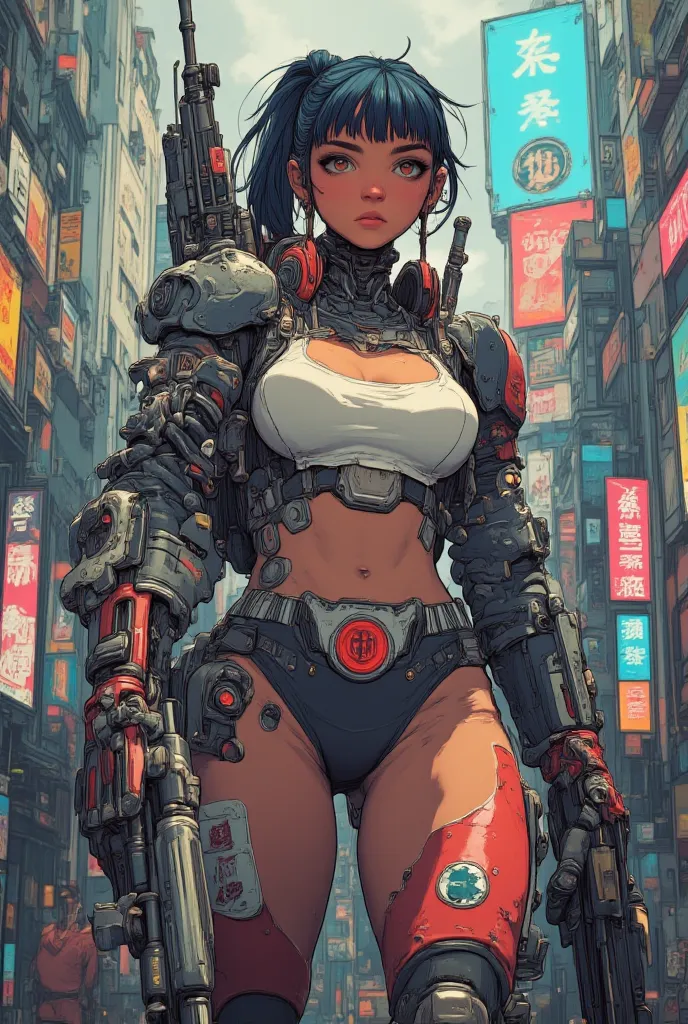 une femme cyborg sexy. cyberpunk. Composants cybernétiques. Vêtements cyberpunk . Queue de cheval et frange. poitrine tombante énorme. Très Large décolleté. Ville dystopique. Elle est armée d'un fusil de précision sniper. Elle porte une armure cybernetique...