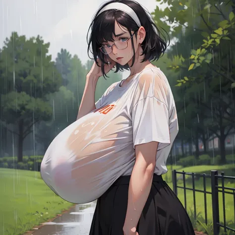 realistic:1.2), skinny girl, nervously jogging, looking over shoulder,  (gigantic breasts:1.4), hairband, wet hair, park, scared expression, glasses, wet tshirt, skirt, shocked strangers, rain