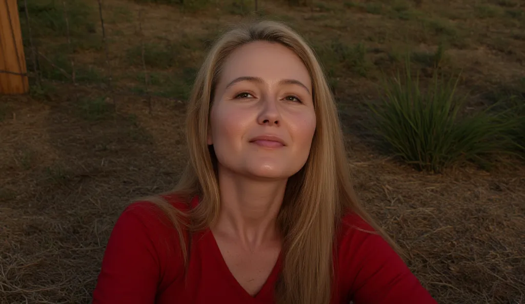 The image shows a woman lying on the ground in a natural outdoor setting. She is dressed in a red top and has long, blonde hair. The woman gazes upwards with a thoughtful expression, her head resting on the ground, surrounded by dry grass and greenery. The...