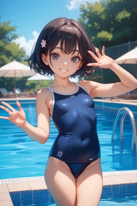  big pool 、Smiling girl with short black hair and dark eyes in a dark blue school swimsuit waving her hands。Small breasts,  body, petite。high quality、high quality、 realistic colors、5 carefully drawn fingers。