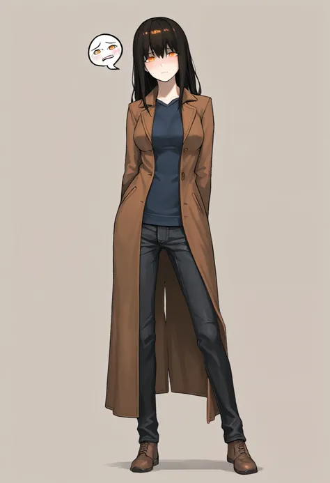 1 girl ,medium breasts:0.8, postal, bright orange eyes , brown plain coat, dark blue sweatshirt, brown long hair  , confidence, the offended face, (completely white background), black jeans, shy pose, blame head,  ((Masterpiece)), ((highest quality), high ...