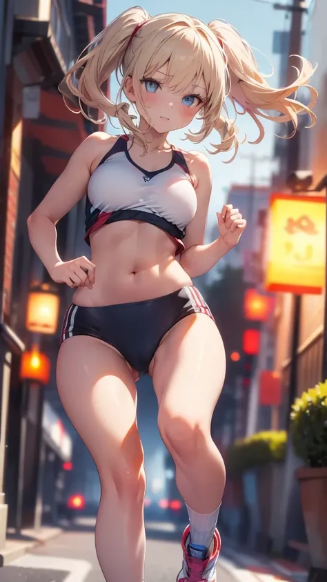 "A dynamic action shot of a young athletic woman running at high speed, captured with motion blur to emphasize movement. She has a determined expression, wearing sporty running gear, with her hair flowing behind her. The background is slightly blurred to e...