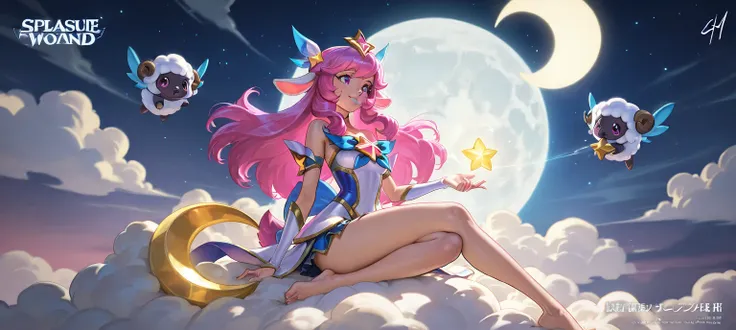 1girl, sheep, pink_hair, long_hair, stuffed_toy, moon, stuffed_animal, barefoot, crescent_moon, solo, pink_eyes, sitting, star_(sky), animal_ears, cloud, sky, pillow, star_(symbol), anime girl sitting on a cloud with a star and moon in the background, ! dr...