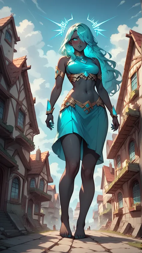 Belly free, 2 giant women, giantess in the city, tall, long hair, good quality, giantess skyscraper, cyan hair, cyan eyes, make her bigger, barefoot, blush, standing, belly free, looking down, Her body is glowing, black skin, her body starts to grow again,...