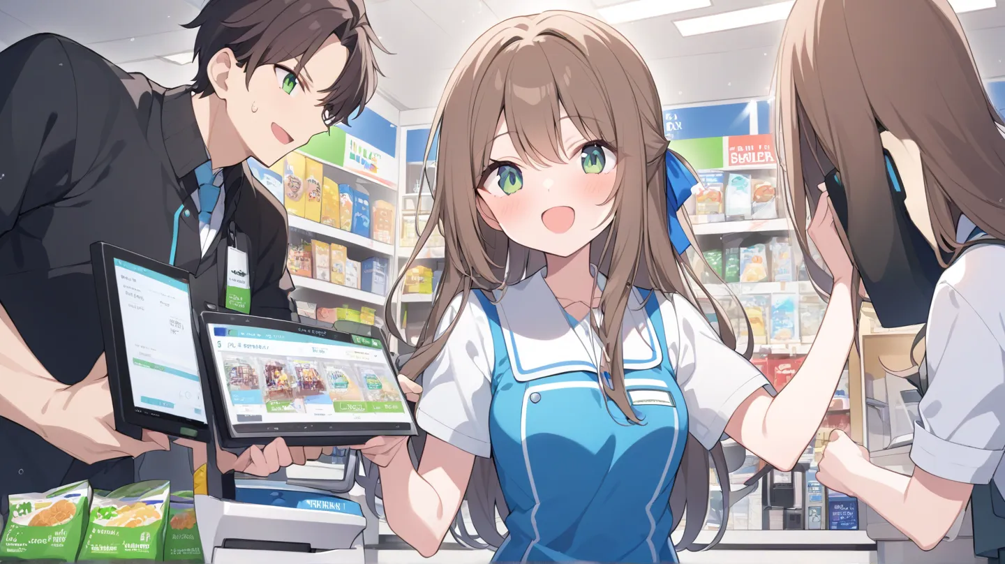 Girl working at convenience store、is facing the front、Combine FamilyMart uniforms with Lawson uniforms、Standing still、( female college student)、 no background、Sexy、hair brown、Light green eyes、Semi-long hairstyle、half up、A  with an energetic personality、The...