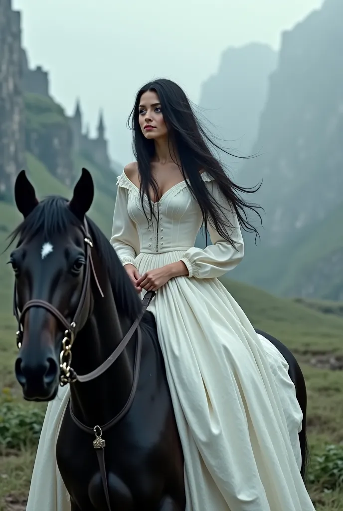 Create the beautiful black-haired maiden,  family, beautiful white dress on its steed, a beautiful black horse, leaving the castle with her mischievous eyes, heading for that cliff...leaving the castle with a hood over her face so that she can't be identif...