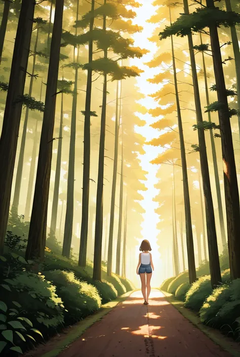 Girl walking in the forest in shorts have brown hair and green eyes 