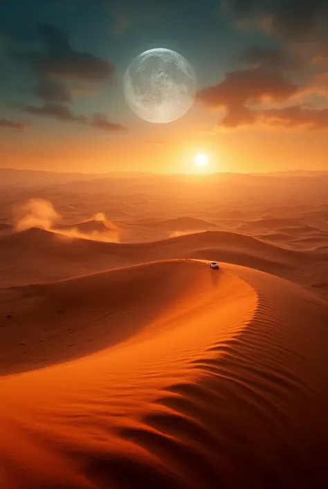  high res images、Creative Desert Light Images、Shines on the white and red striped sand of a sandstorm、Colorful Deserts in Arizona、((masterpiece))Dramatic Half Moon Night、Under Dramatic Kageyama Gorge、Cars Drive Far on Sandstorm Night。