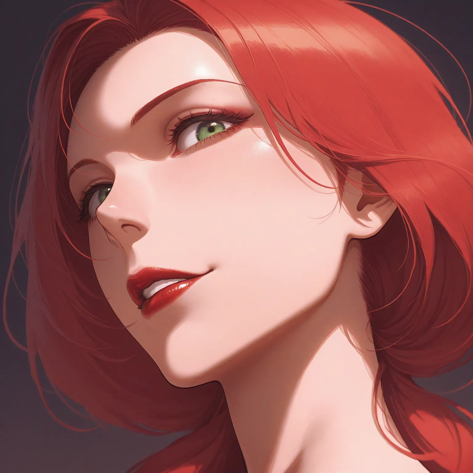 Anime Beauty, Beautiful MILF, face only, face focus, look up, looking down at the viewer, Stinky eyes, red lips, smirk, from diagonally below rightt:1.5, perfect beautiful face, profile, 