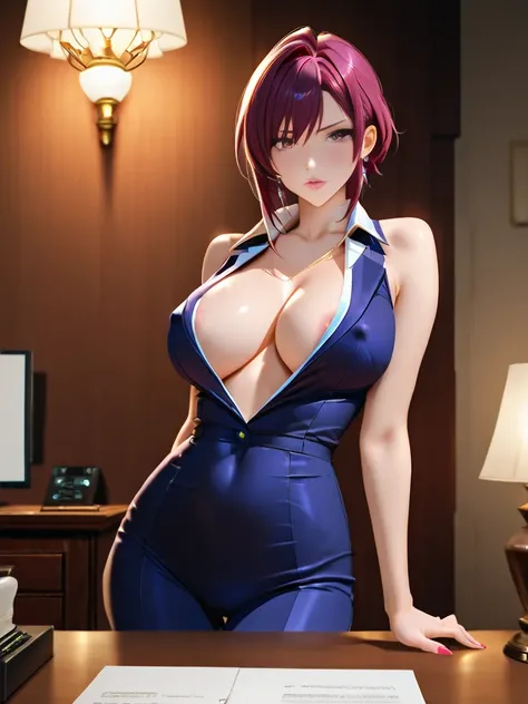 Boss lady, in a suit, Gigantic breasts and cleavage, erect nipples, camel toe, boss’s office, 