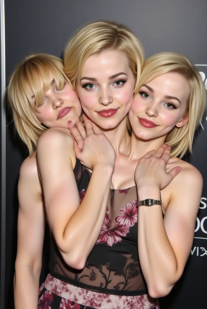 three heads, disneydove, full body, ((Wide shoulders)), light makeup, one head with pixie cut blond hair (pixie cut), one head with glasses, woman, smiling, nude, tomboy, roughed up, Liv and Maddie conjoined