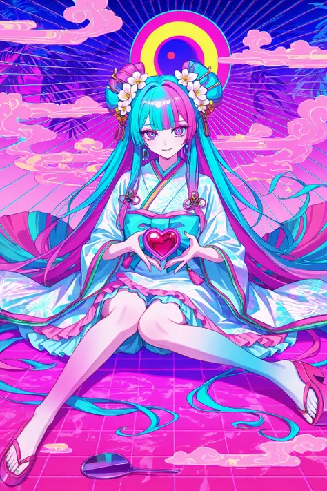 cool beauty, gradation color hair, slender body, sit in Heart-shaped object , Japanese exotic fashion, tropical motif room, neon color, Vaporwave, girl inside Heart-shaped object,