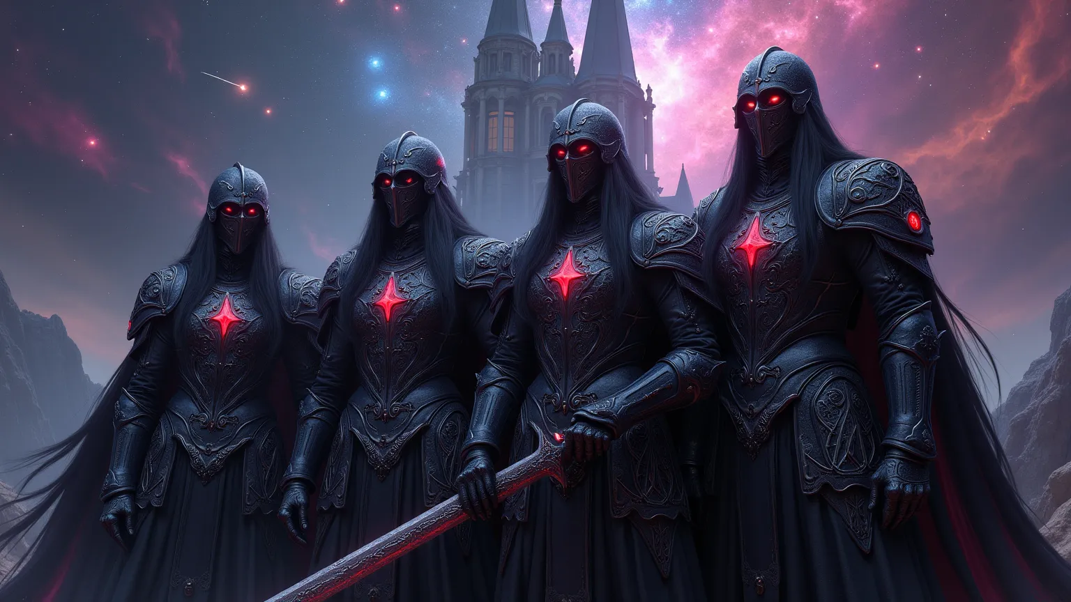 **“Five breathtakingly beautiful vampire knights stand in formation, their imposing black armor adorned with intricate silver engravings and dark crimson gemstones that gleam under the cosmic sky. Each suit of armor is masterfully crafted, sculpted to high...