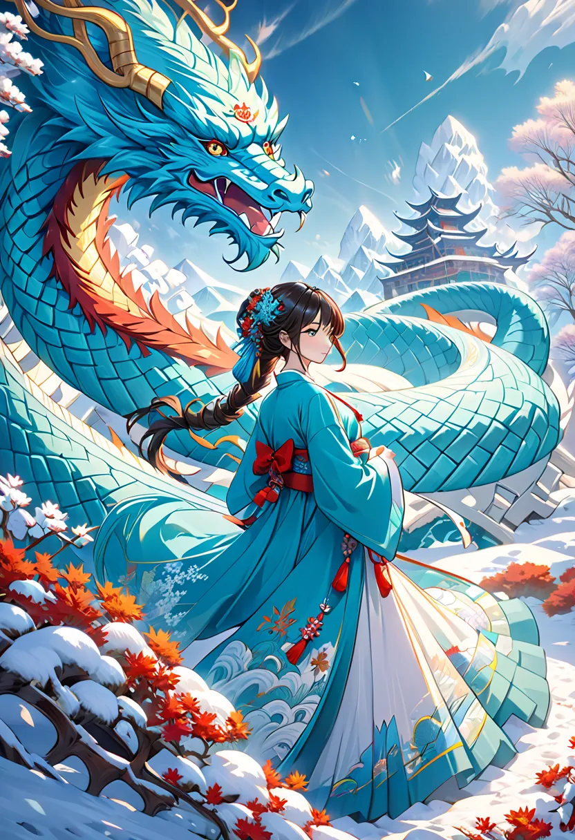 * 8k Masterpiece , top quality made of straw, TOP QUALITY, Official Art, ( Beauty and aesthetics : 1.3), very detailed, (fractal art: 1.3), colorful, Ice and Chinese Dragon ,   serpentine body, claw, Cyan and 1 Woman, Han Women's Media , Hanfu, Cyan