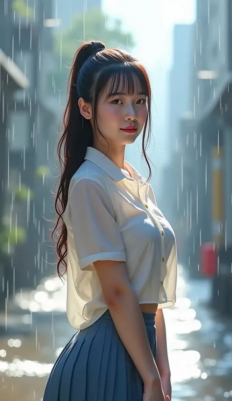  High Quality Photos  , 3D 8K,  ถ่ายด้วยThe camera คุณภาพสูงที่สุด , The camera , Fuji Camera , , hand using the highest quality and most modern film ,ภาพและสีที่ Realistic , A round faced Asian girl  ,white, White skin, freckles, school skirt dresses, ผมด...