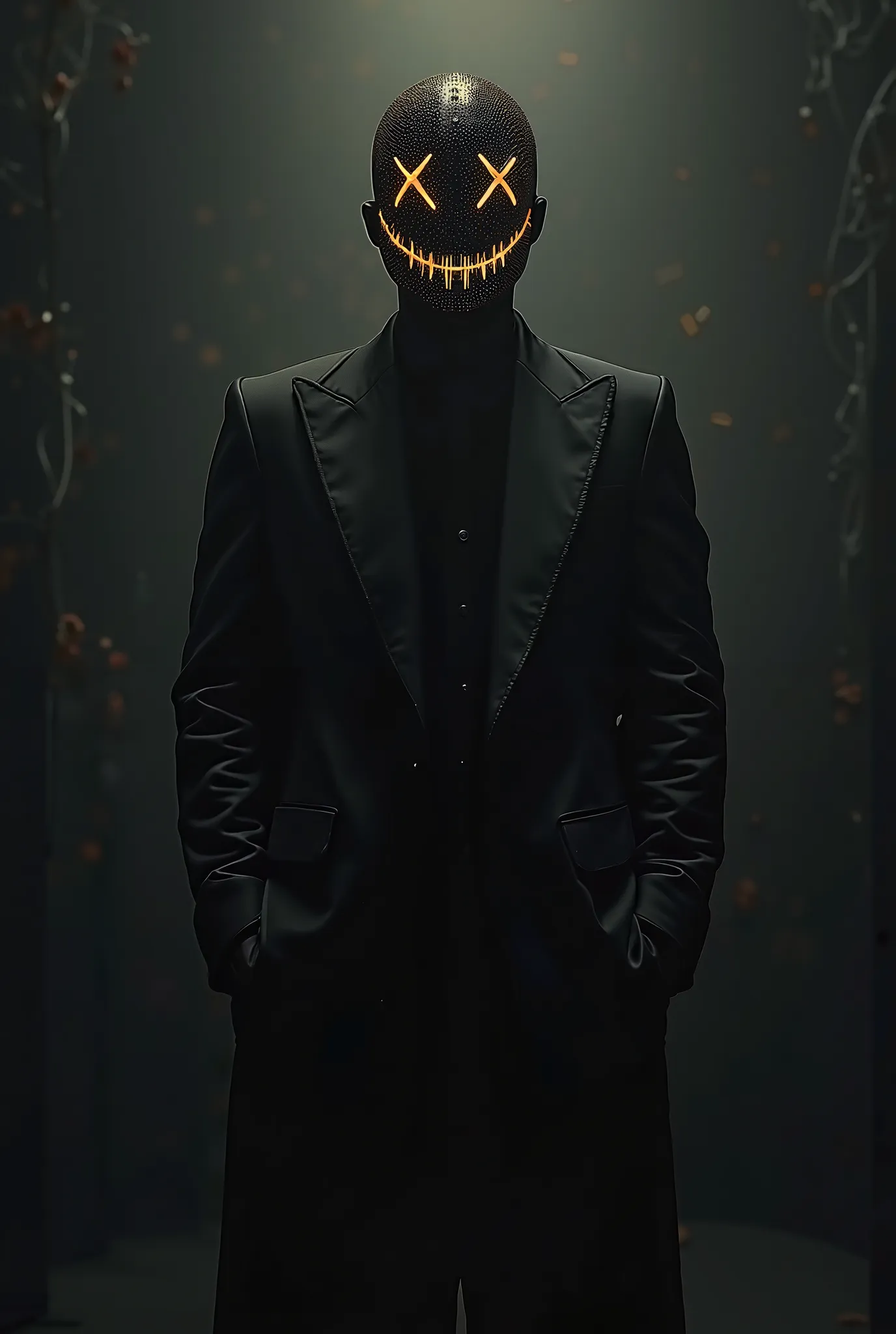 A men that has a black jacket  and black pants in the dark wearing a black and gold smily mask