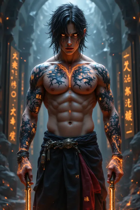 A hyper-realistic, highly detailed 4K full-body digital painting of a Japanese-inspired celestial vampire assassin standing in a dimly lit gothic sanctuary. His sharp, angular jawline, high cheekbones, and piercing fiery orange-red eyes radiate a chilling,...