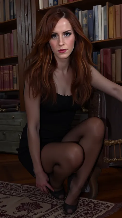 Sexy hermione, shorts skirt, black hloss pantyhose, and high heels in a library