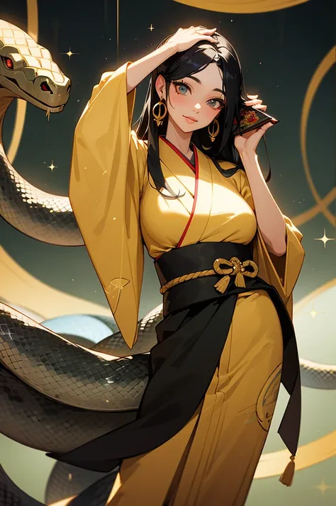 (masterpiece, best quality:1.2), female 1 person, alone, beautiful eyes, Snake goddess with long black hair, Golden Snake , hip swing dance , Gorgeous Kimono, Use paper money as a hand fan, Place one hand on the waist and raise the bill above your head , T...