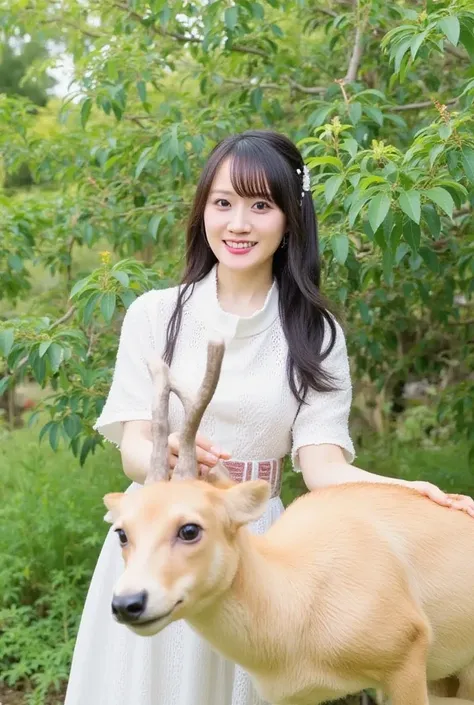 "Japanese woman interacting with wild animals in a natural setting, surrounded by lush green forests. The woman is wearing traditional, light-colored clothing such as a kimono or simple attire. She is gently approaching or petting a wild animal, like a dee...