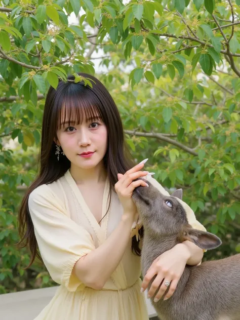 "Japanese woman interacting with wild animals in a natural setting, surrounded by lush green forests. The woman is wearing traditional, light-colored clothing such as a kimono or simple attire. She is gently approaching or petting a wild animal, like a dee...